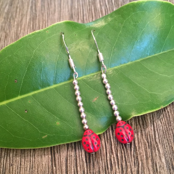Sterling Silver Bead Earrings with Ladybug - Picture 7 of 14